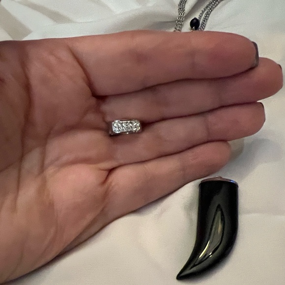 NWOT - Black Tusk Earrings & Stainless Steel Silver Necklace with Huggie & Tusk - Picture 8 of 12